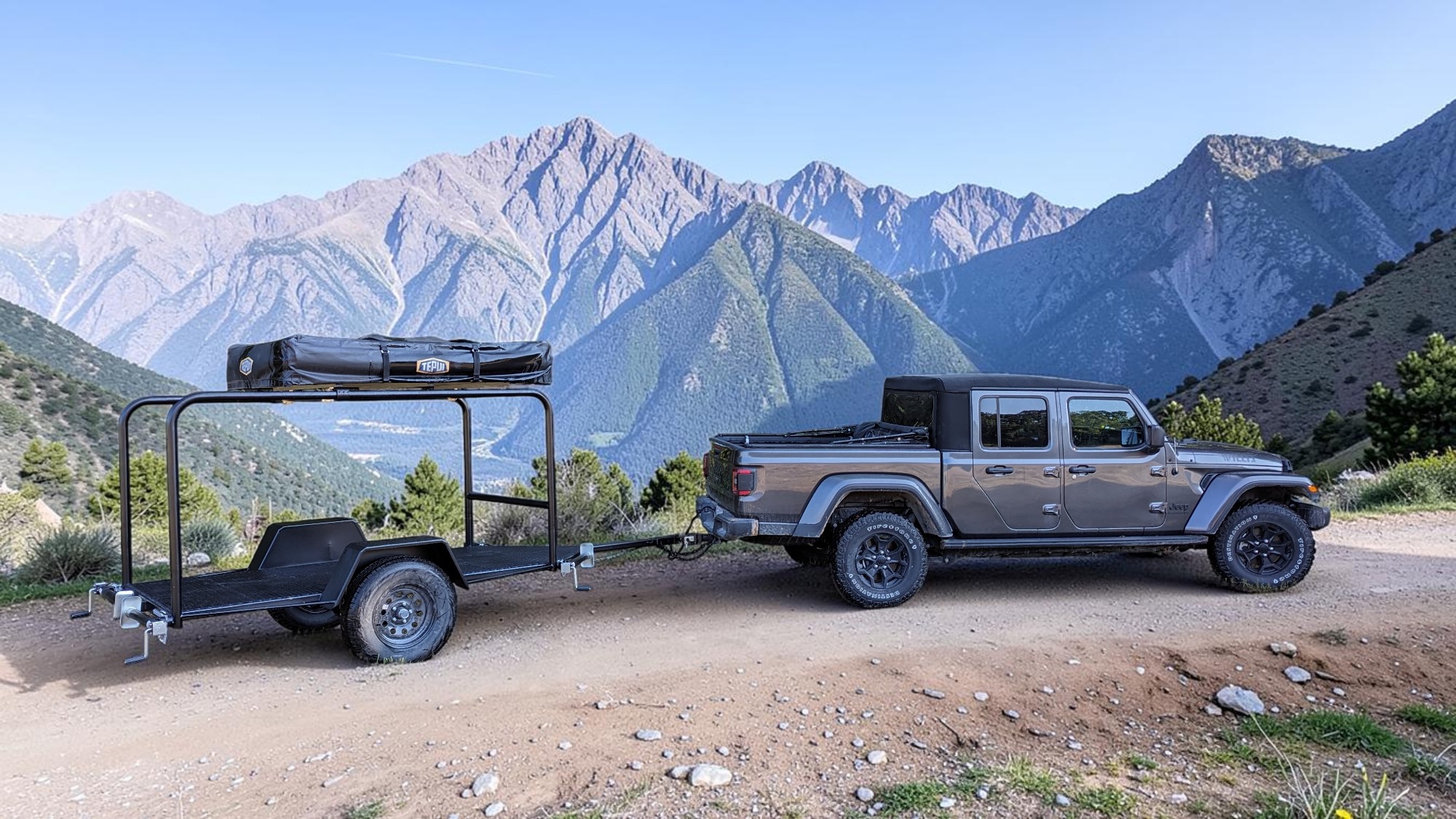 Twain Trailers off-road trailer with rooftop tent on mountain pass