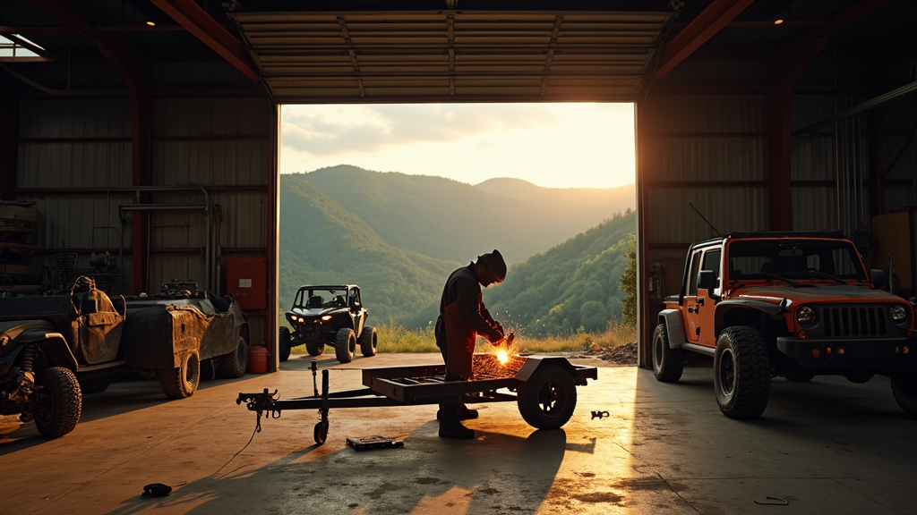 Twain Trailers being welded in Ozark Missouri shop with Ozark Mountains backdrop
